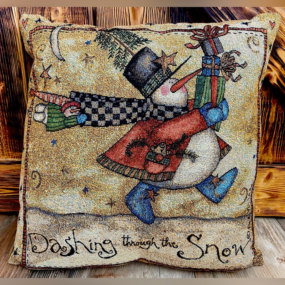 Vintage Snowman Tapestry Christmas Dashing Through the Snow Throw Pillow